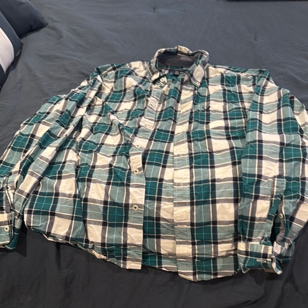 Green and White Plaid Button-Up Shirt